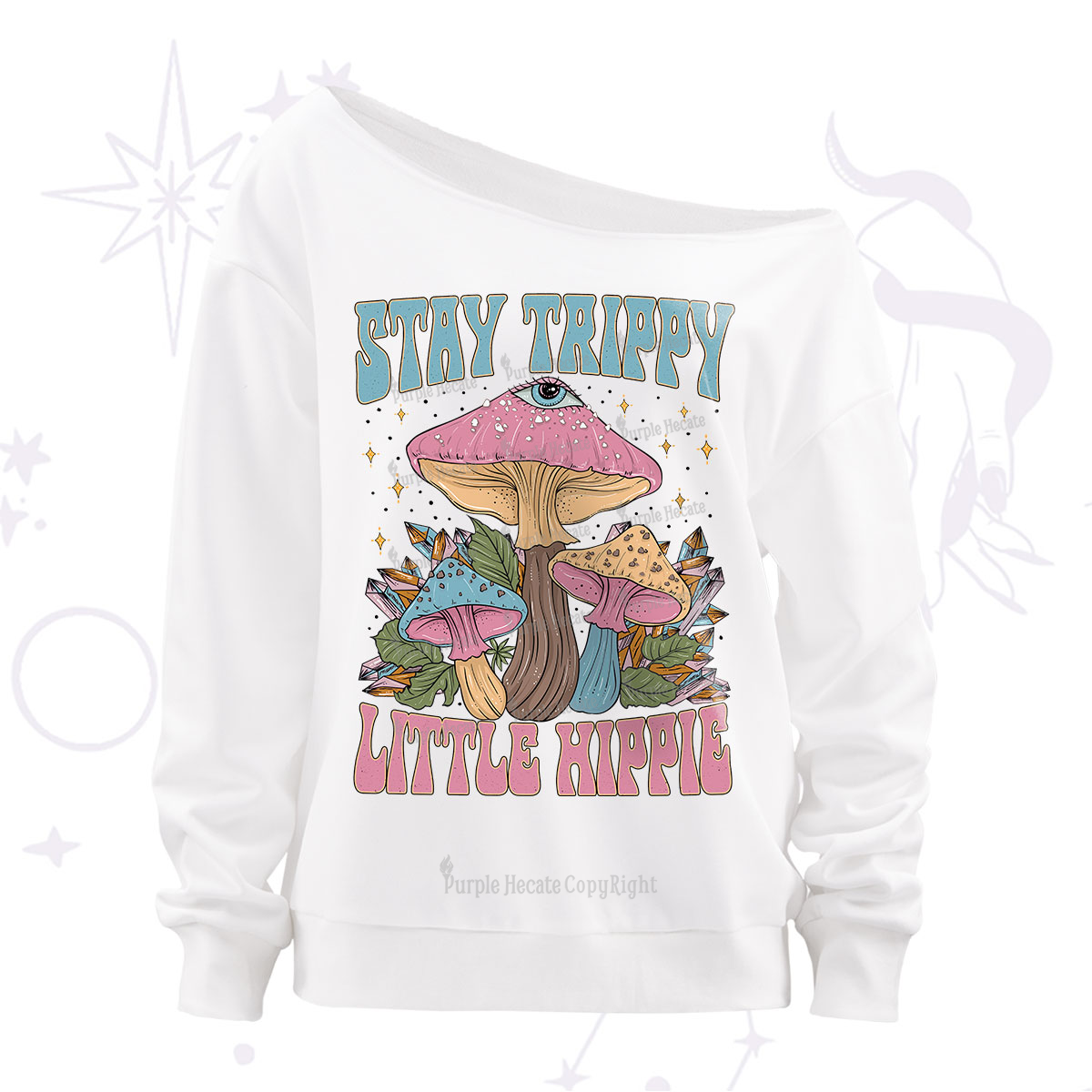 Purplehecate Stay Trippy Little Hippie Mushroom Off The Shoulder Sweatshirt