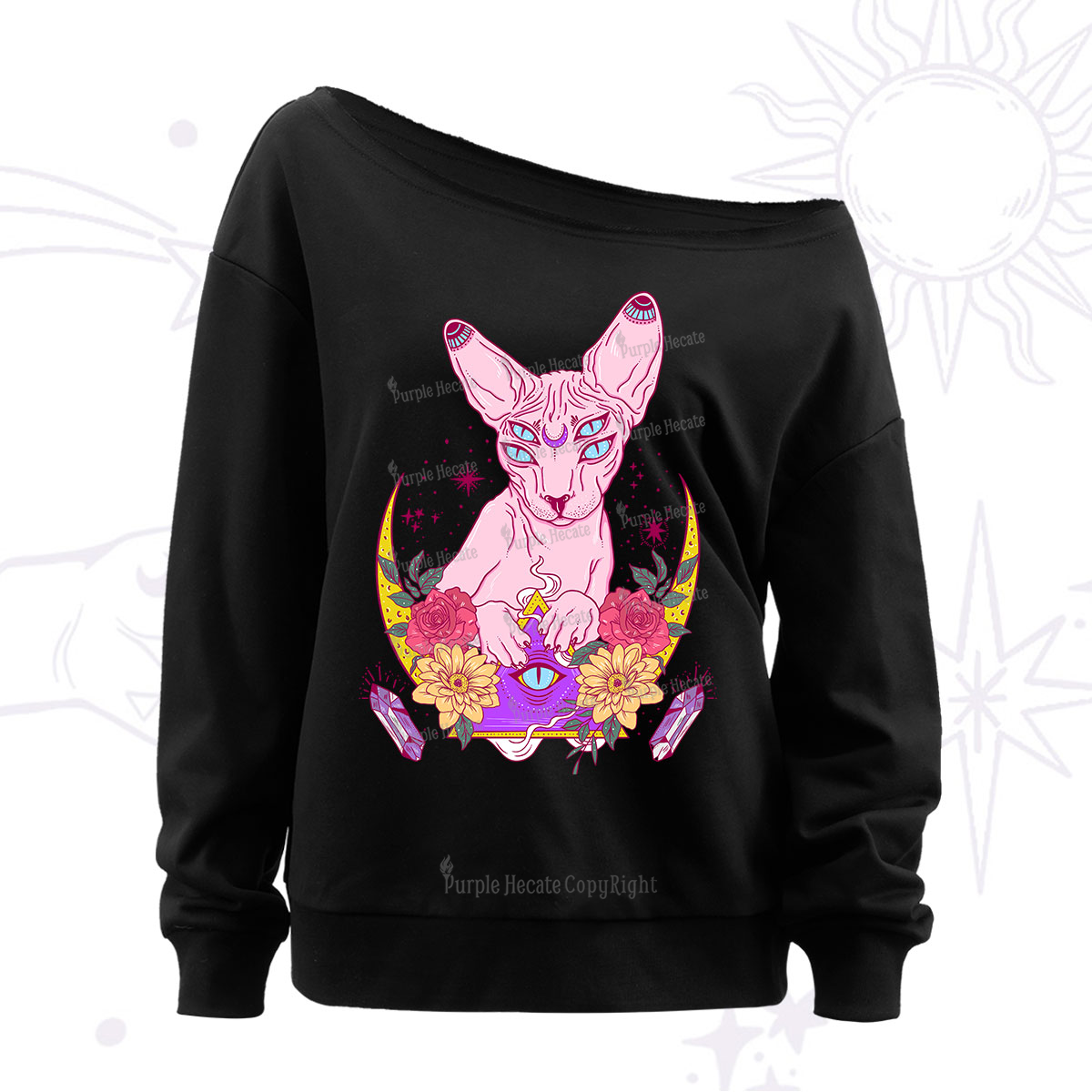 Purplehecate Moon Phase Cat Off The Shoulder Sweatshirt