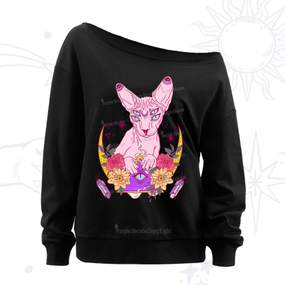 Purplehecate Moon Phase Cat Off The Shoulder Sweatshirt