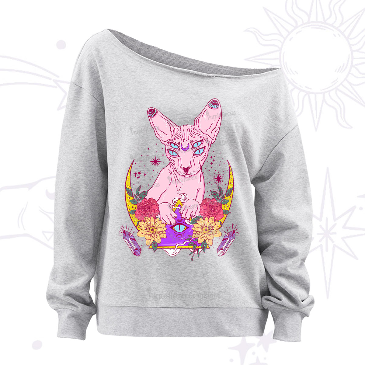 Purplehecate Moon Phase Cat Off The Shoulder Sweatshirt