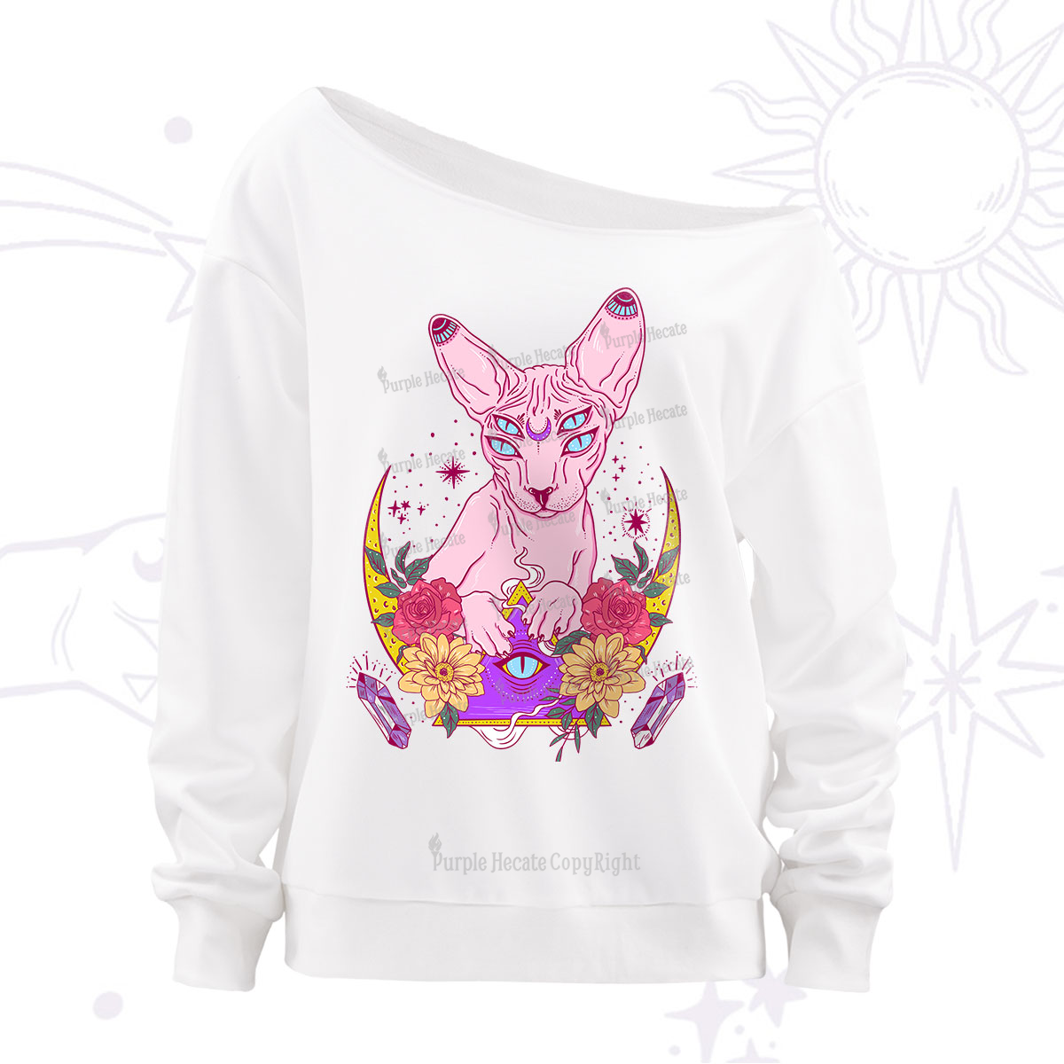 Purplehecate Moon Phase Cat Off The Shoulder Sweatshirt