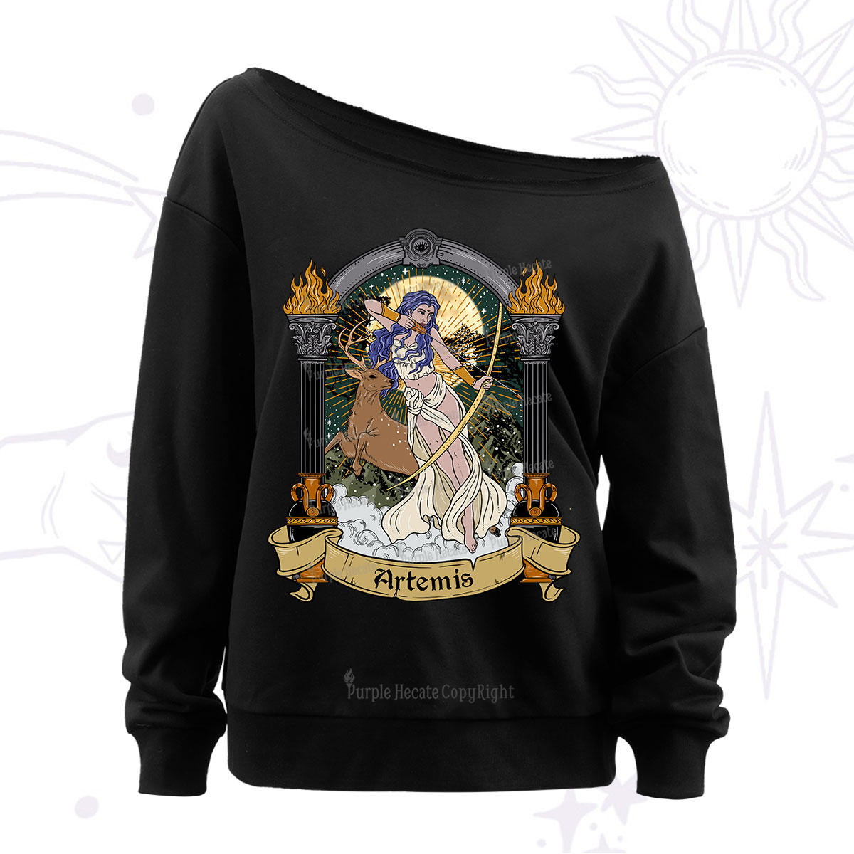 Purplehecate The Huntress Goddess Artemis Off The Shoulder Sweatshirt
