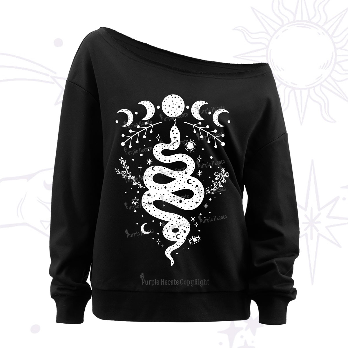 Purplehecate Snake And Moon Phase Comfort Off The Shoulder Sweatshirt