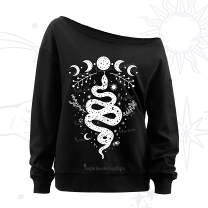 Purplehecate Snake And Moon Phase Comfort Off The Shoulder Sweatshirt