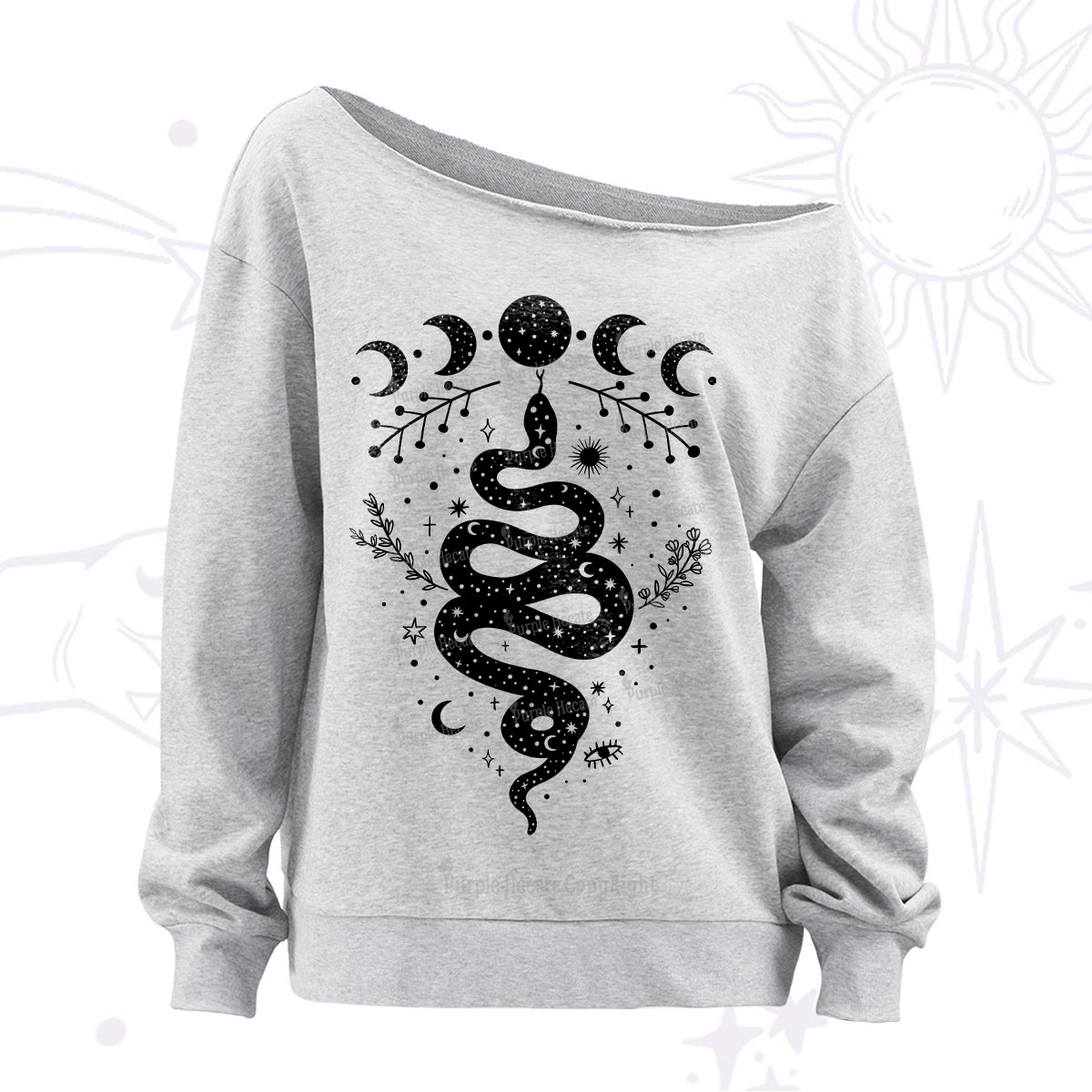 Purplehecate Snake And Moon Phase Comfort Off The Shoulder Sweatshirt