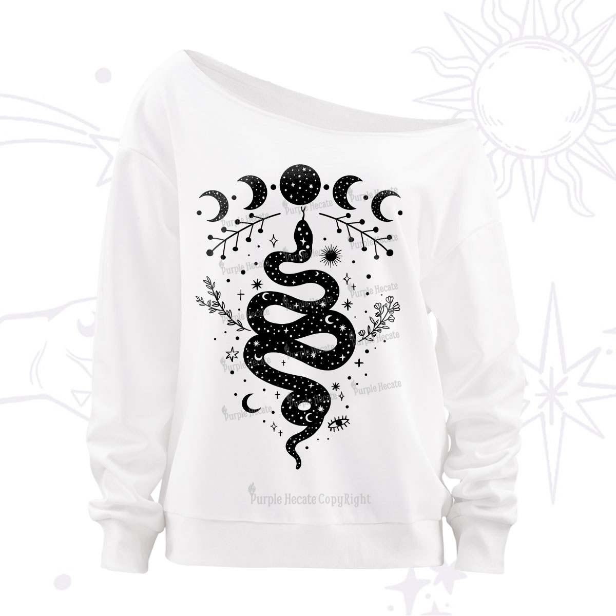 Purplehecate Snake And Moon Phase Comfort Off The Shoulder Sweatshirt