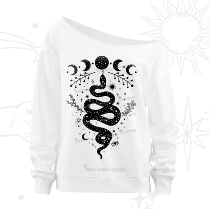 Purplehecate Snake And Moon Phase Comfort Off The Shoulder Sweatshirt