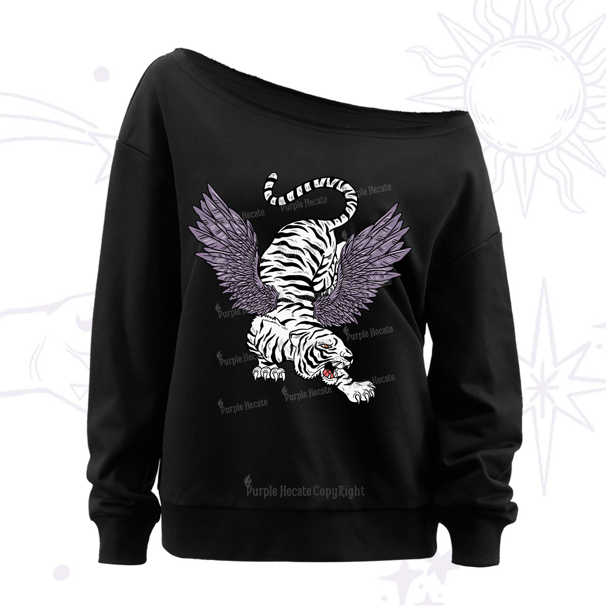 Purplehecate Tiger With Wings Off The Shoulder Sweatshirt