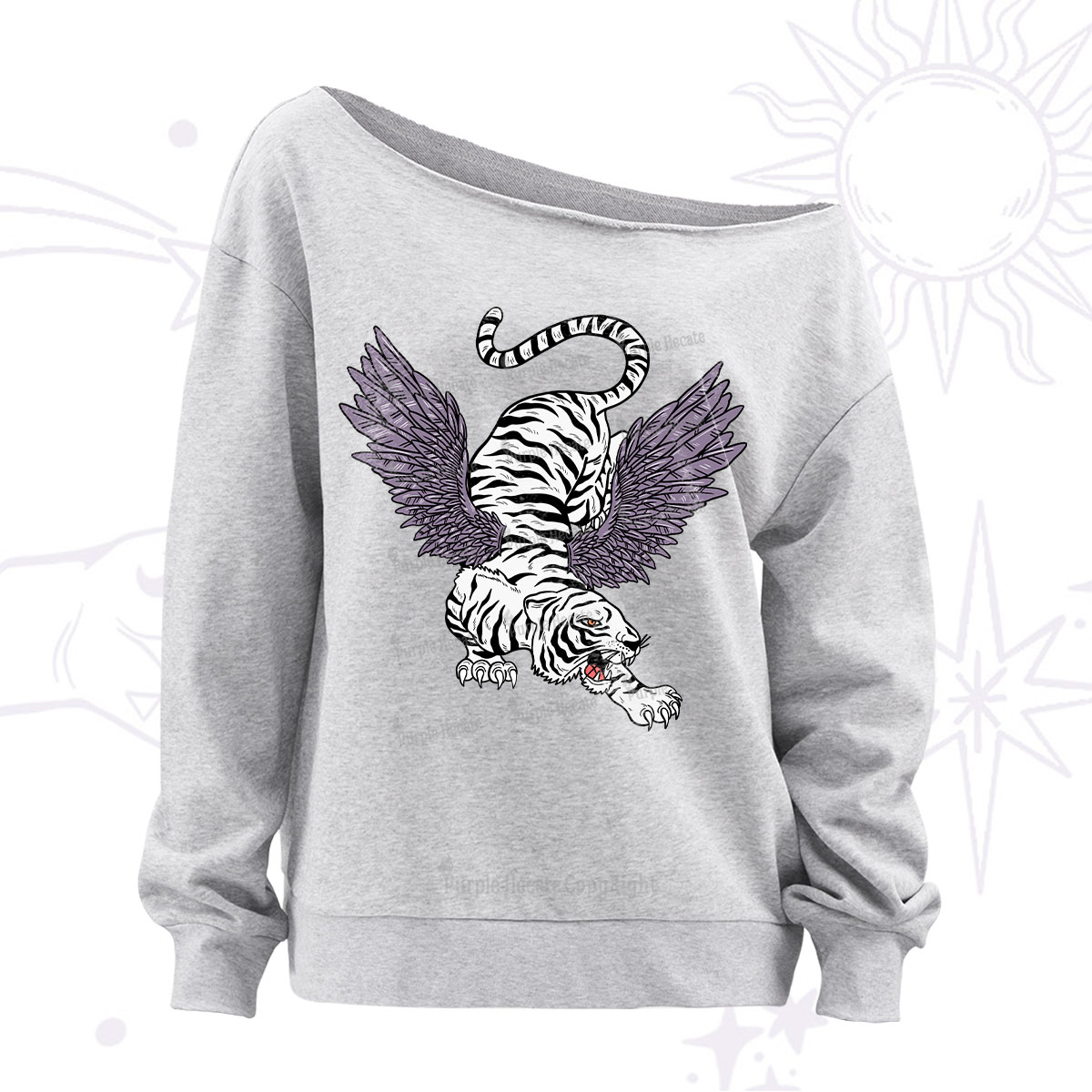 Purplehecate Tiger With Wings Off The Shoulder Sweatshirt