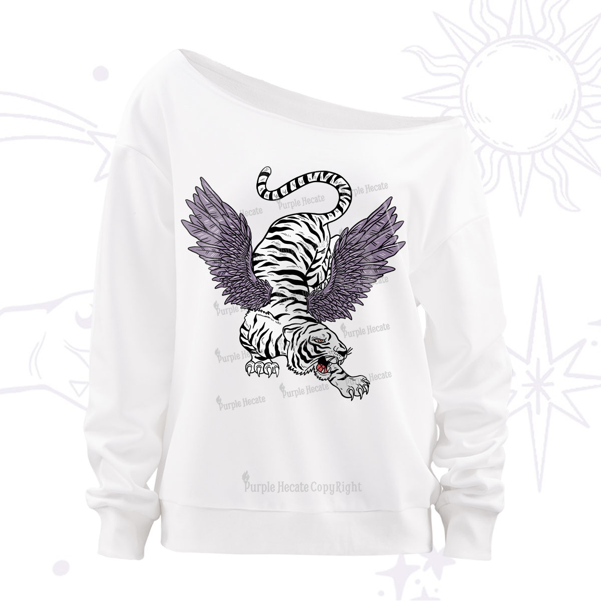 Purplehecate Tiger With Wings Off The Shoulder Sweatshirt