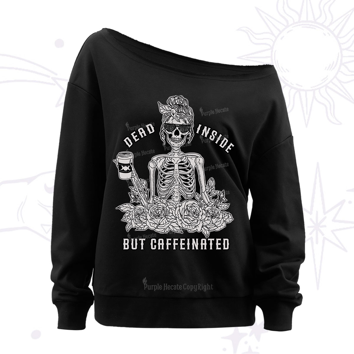 Purplehecate Dead Inside But Caffeinated Off The Shoulder Sweatshirt