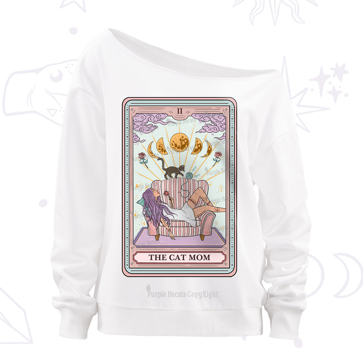 Purplehecate The Cat Mom Tarot Off The Shoulder Sweatshirt