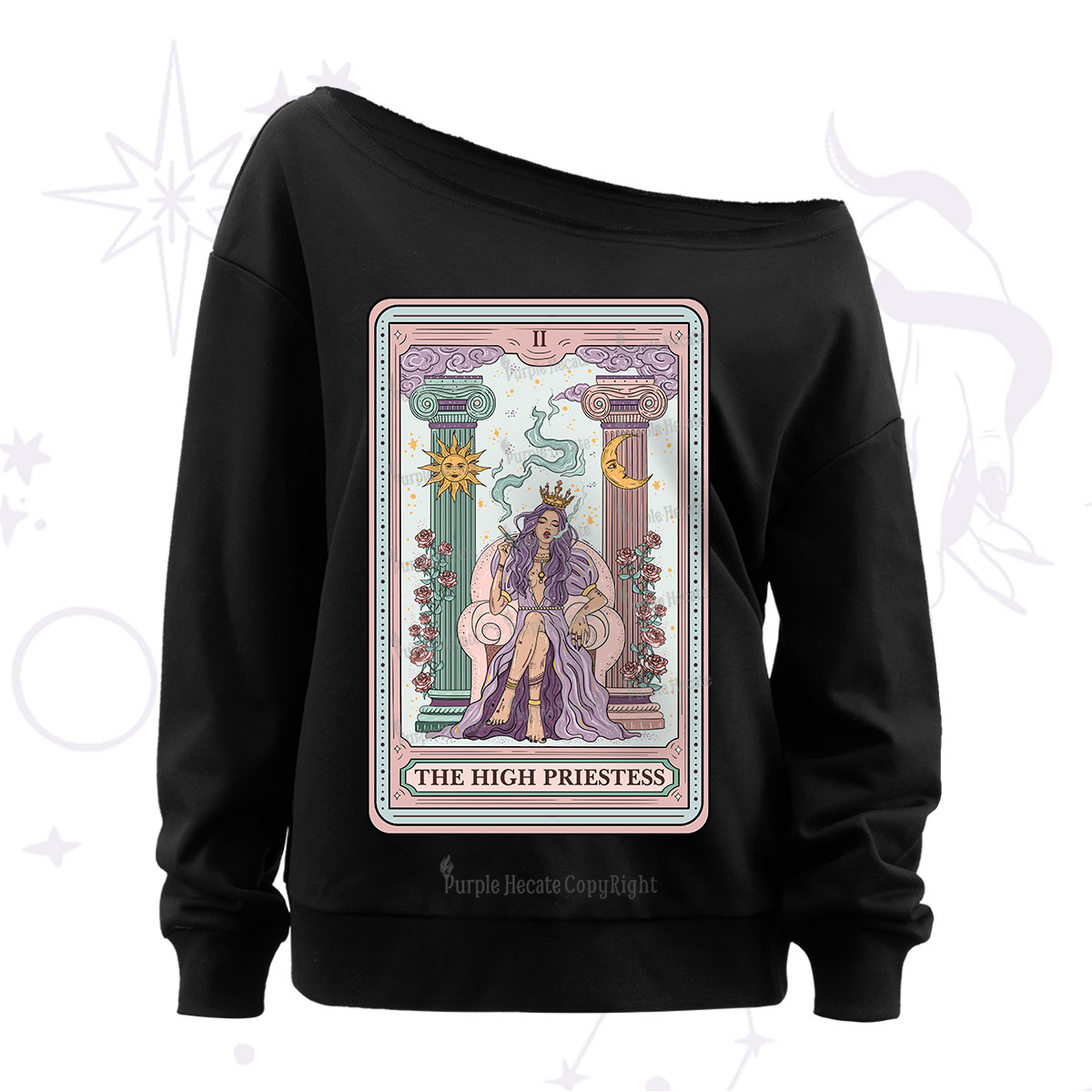 Purplehecate The High Priestess Tarot Card Off The Shoulder Sweatshirt