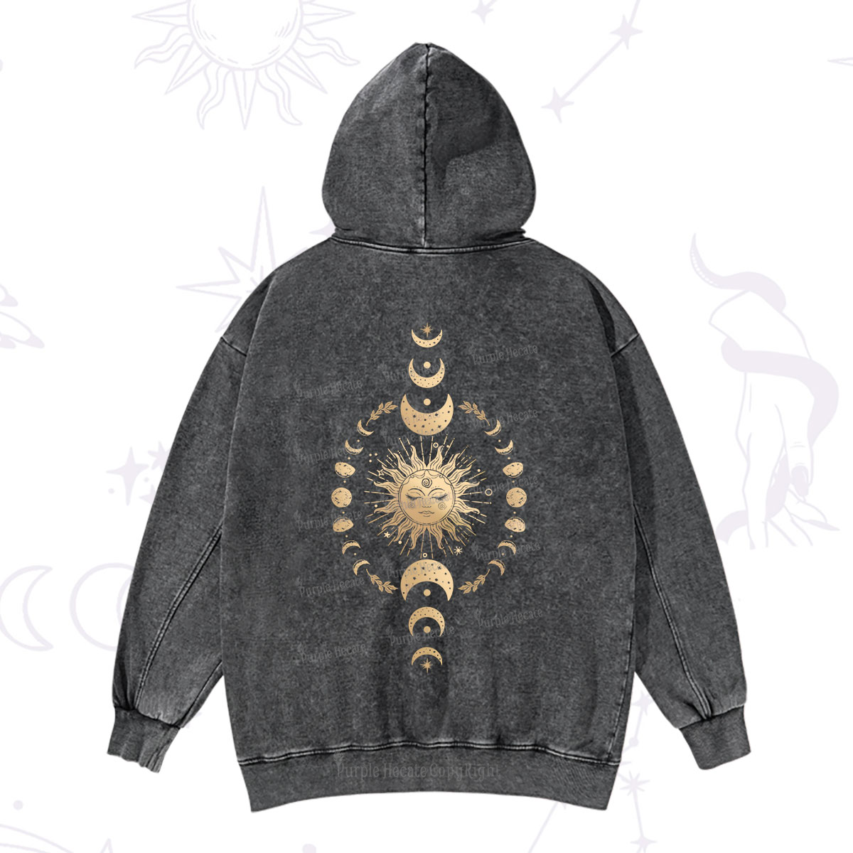 Purplehecate Celestial Sun & Moon Phases Washed Hoodie