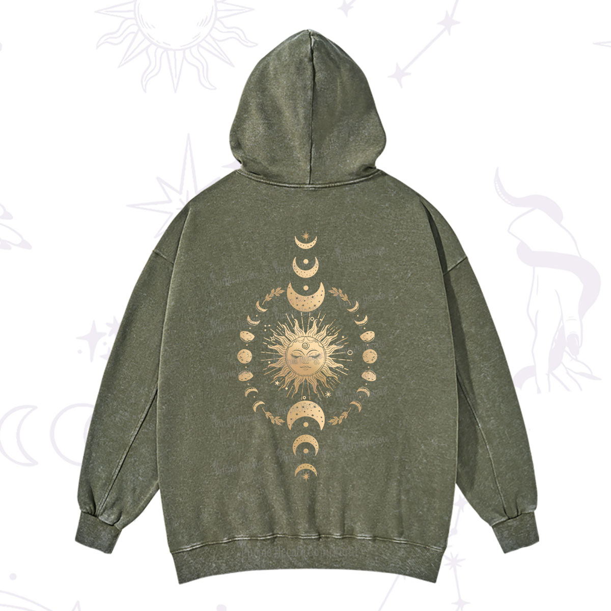 Purplehecate Celestial Sun & Moon Phases Washed Hoodie