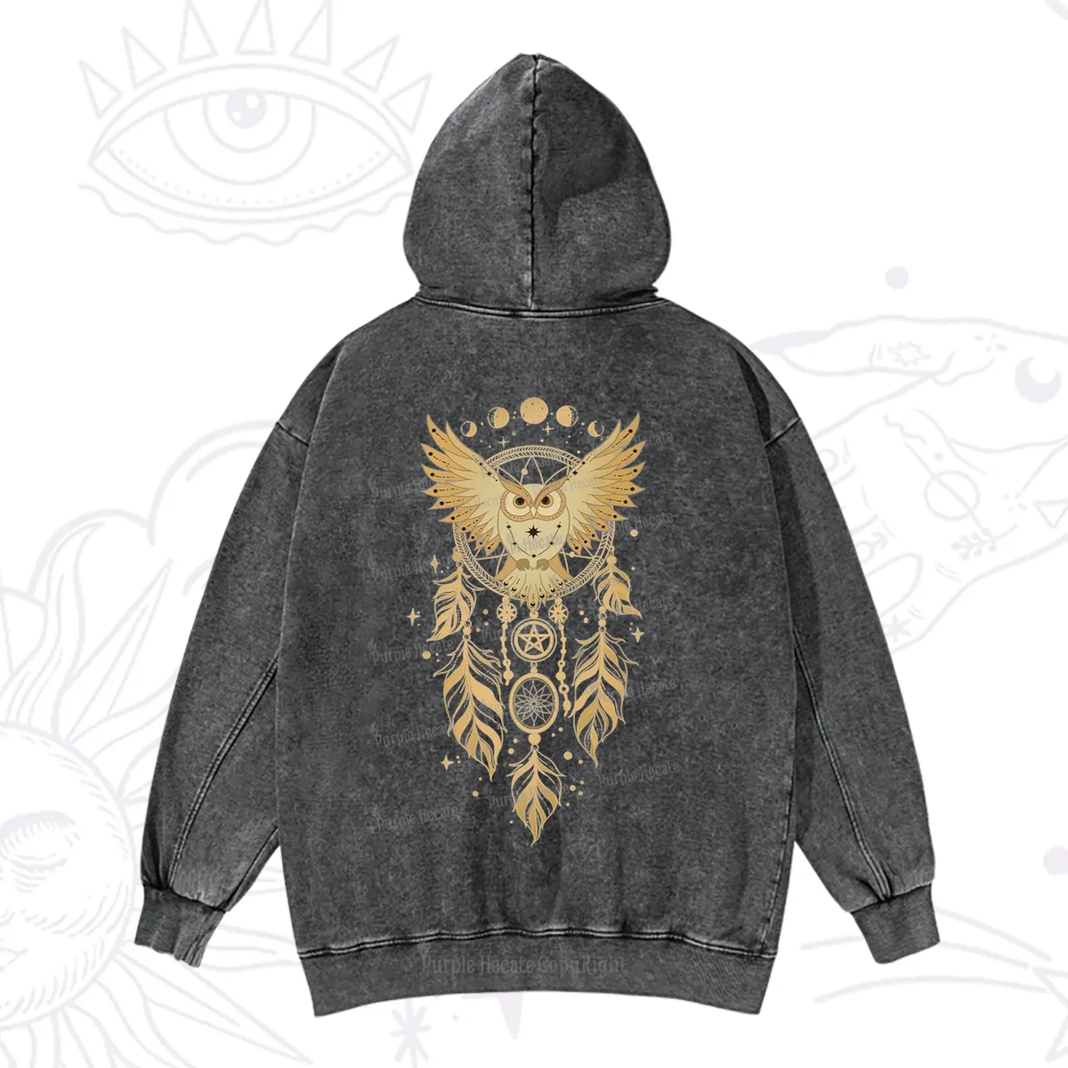 Purplehecate Mystical Owl Dreamcatcher Washed Hoodie