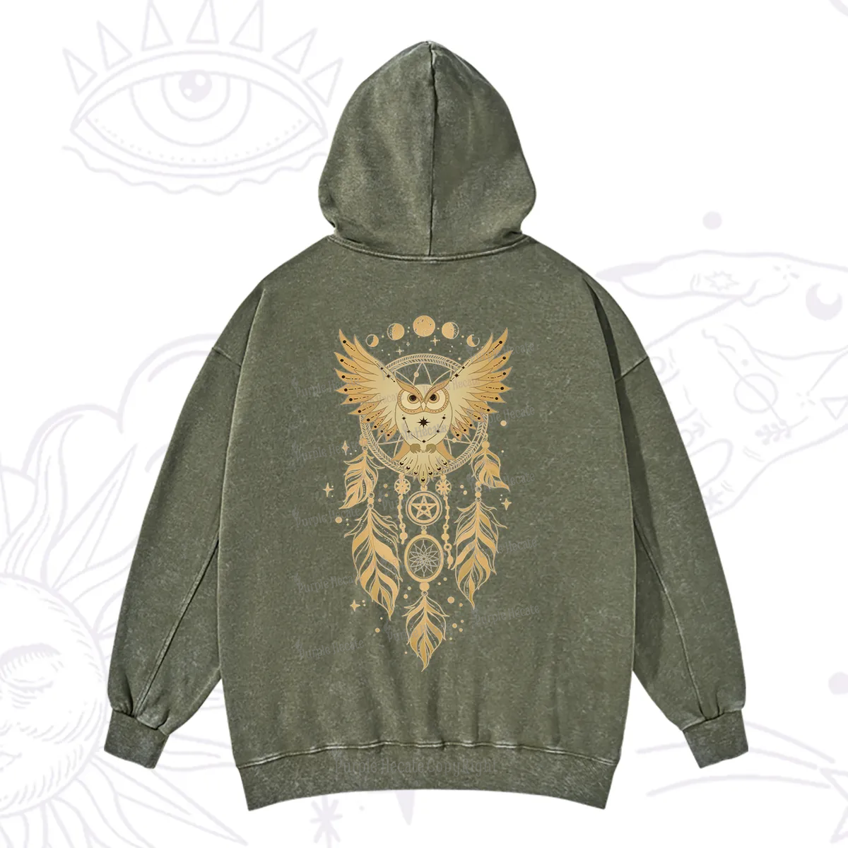 Purplehecate Mystical Owl Dreamcatcher Washed Hoodie