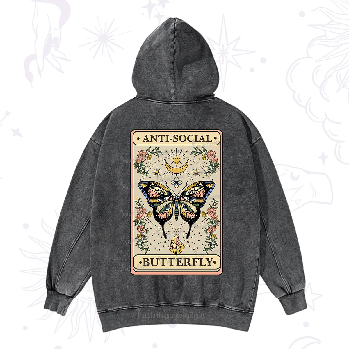 Purplehecate The Anti Social Nutterfly Oracle Card Washed Hoodie