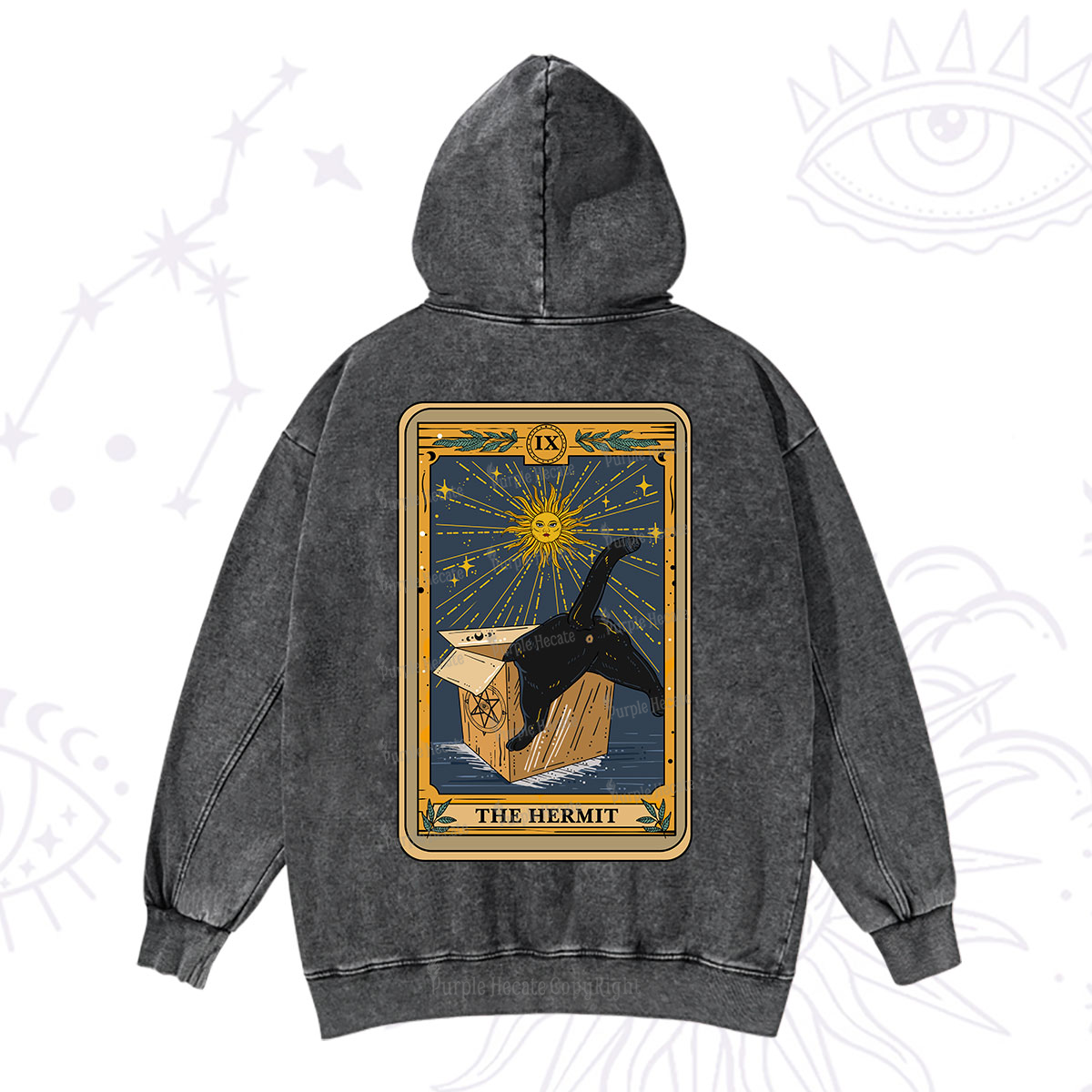 Purplehecate The Cardboard Hermit Cat Tarot Washed Hoodie