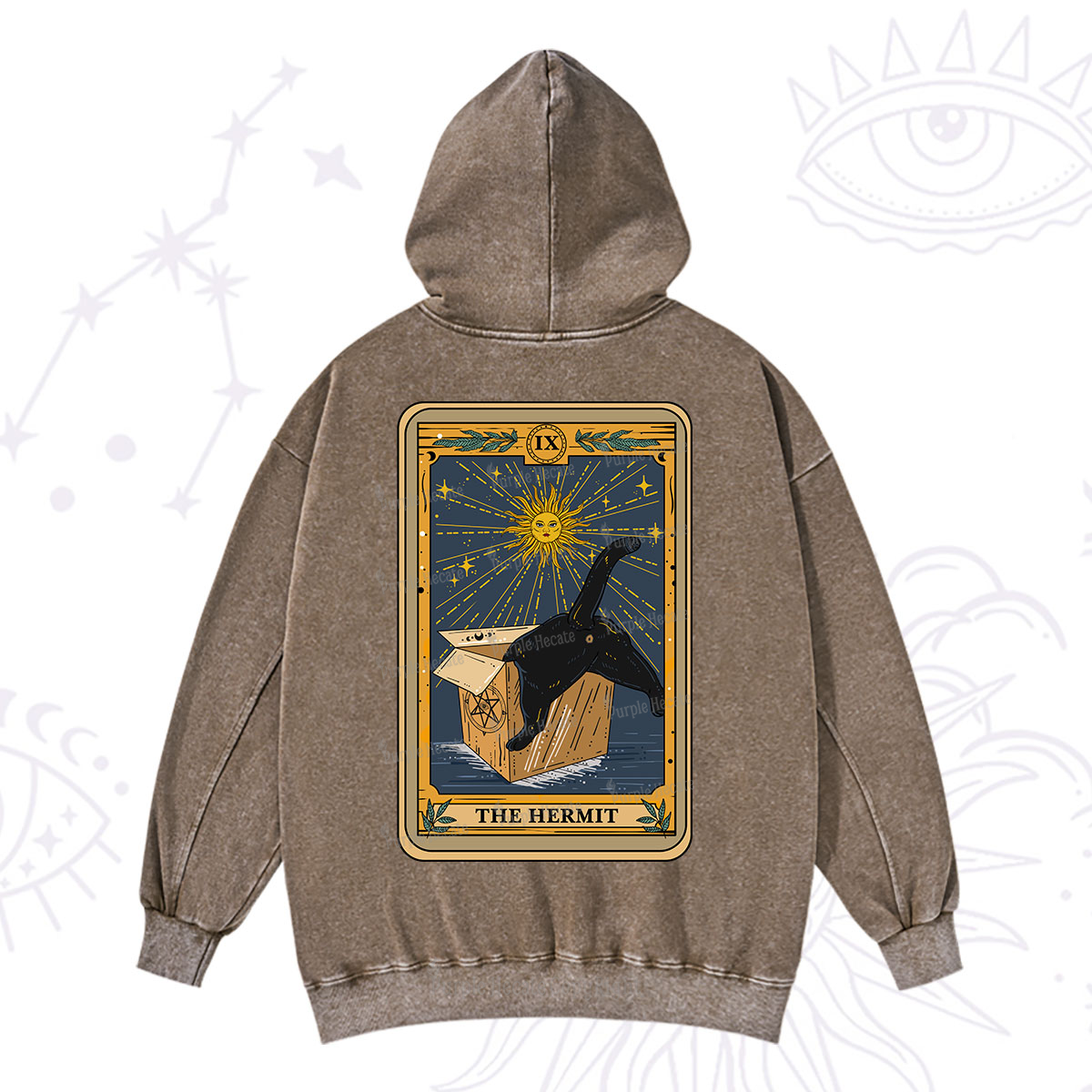 Purplehecate The Cardboard Hermit Cat Tarot Washed Hoodie