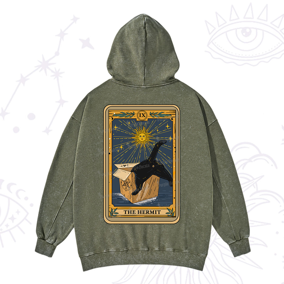 Purplehecate The Cardboard Hermit Cat Tarot Washed Hoodie