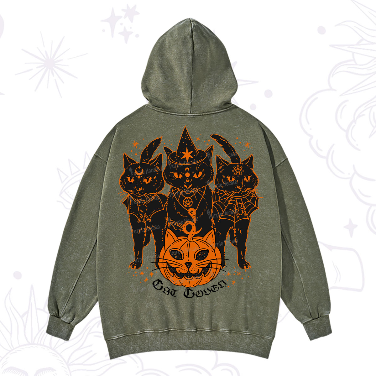Purplehecate Pumpkin Witch Cat Coven Halloween Washed Hoodie