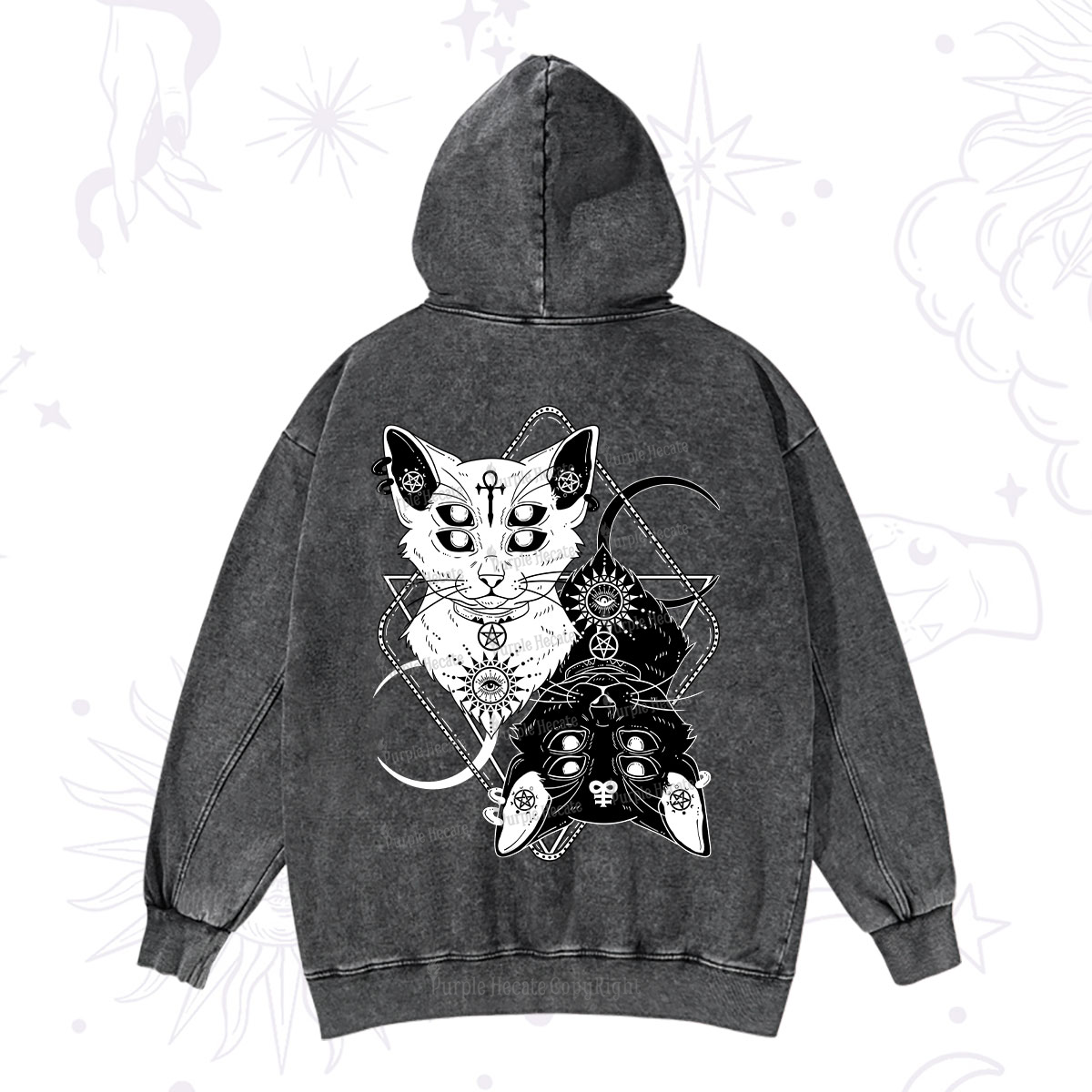 Purplehecate Occult Mirror Cats Washed Hoodie