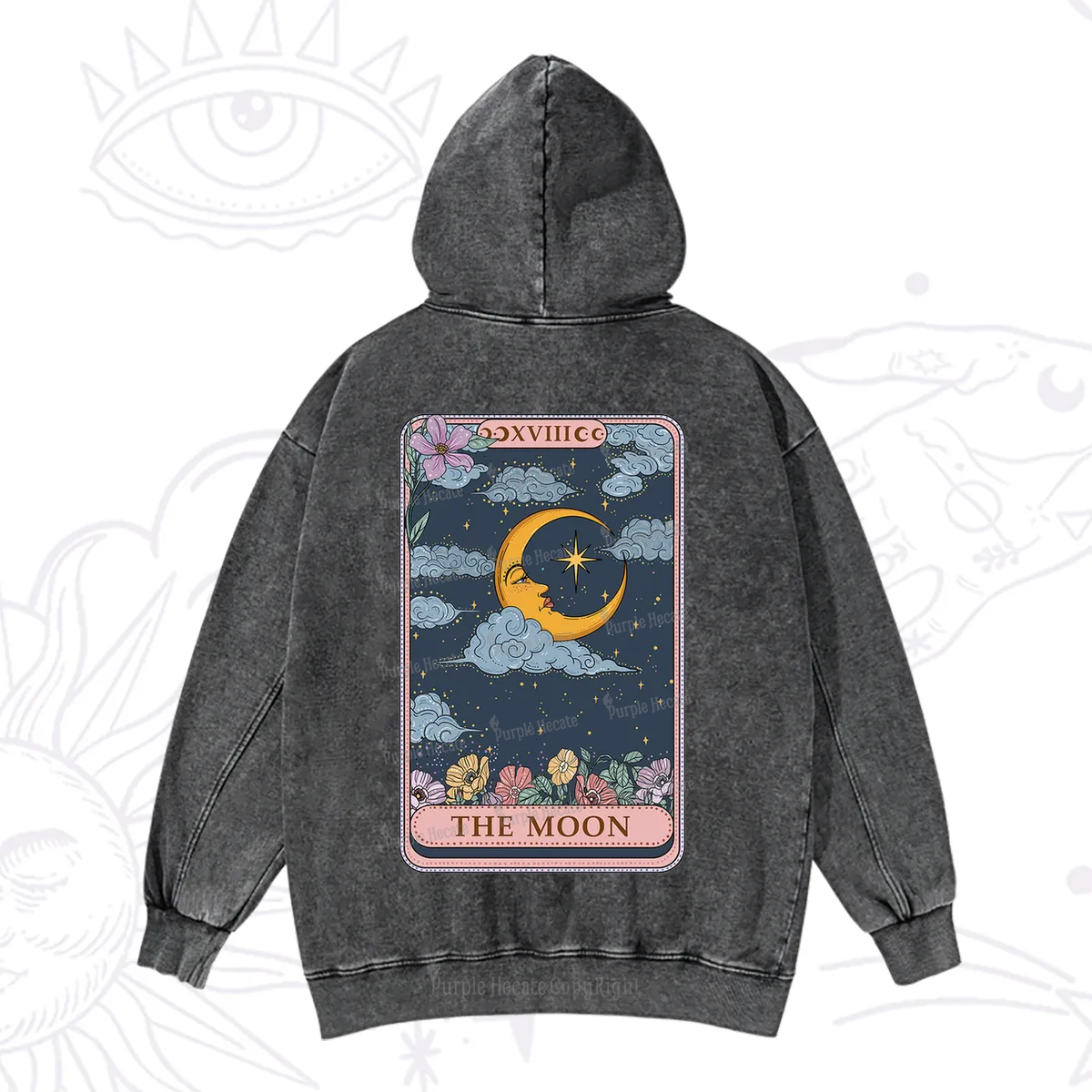 Purplehecate The Moon Tarot Card Washed Hoodie