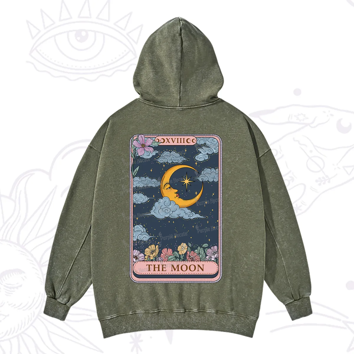 Purplehecate The Moon Tarot Card Washed Hoodie