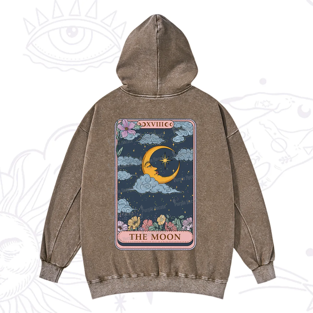 Purplehecate The Moon Tarot Card Washed Hoodie