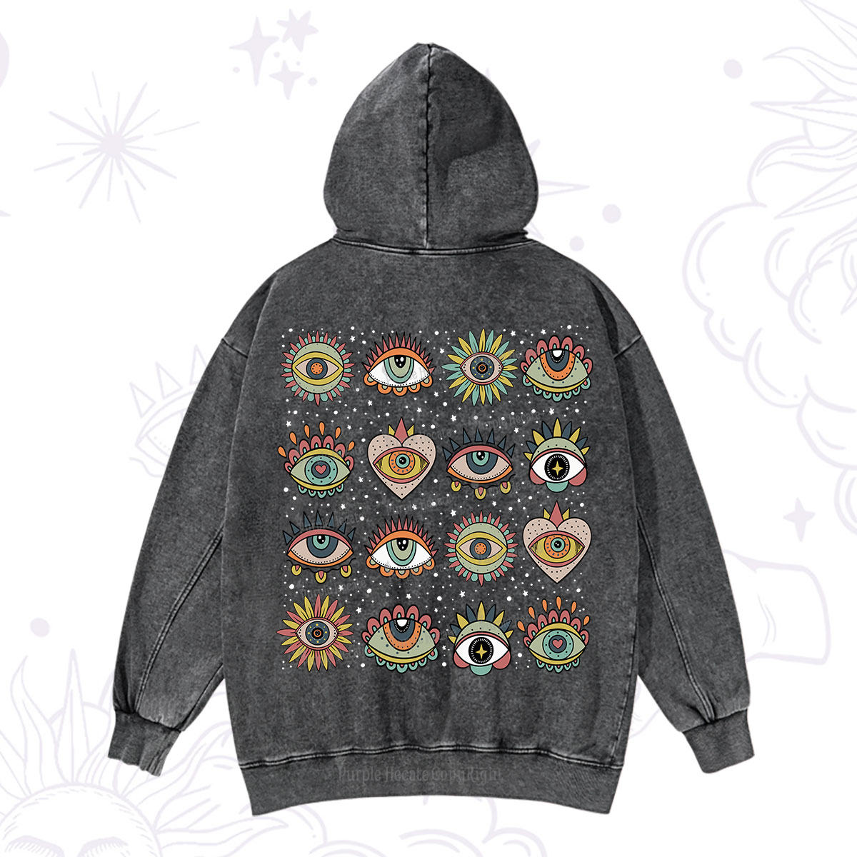 Purplehecate Mystical Evil Eye Pattern Washed Hoodie