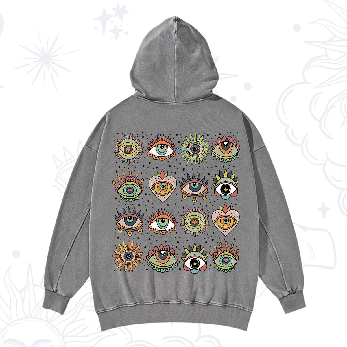 Purplehecate Mystical Evil Eye Pattern Washed Hoodie