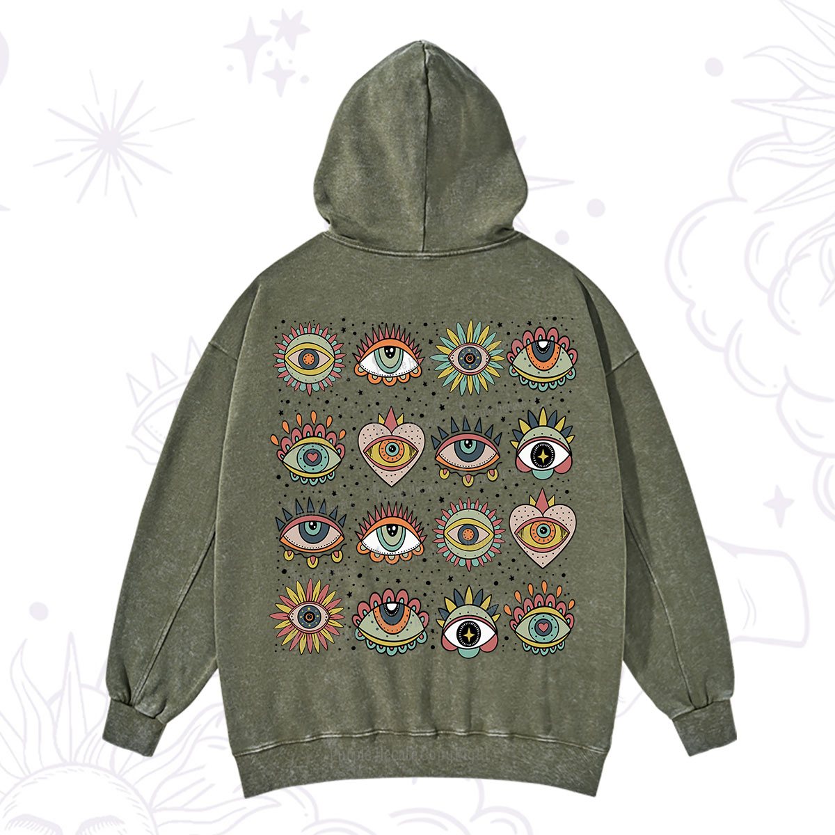 Purplehecate Mystical Evil Eye Pattern Washed Hoodie