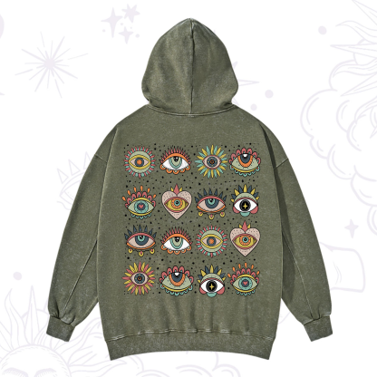Purplehecate Mystical Evil Eye Pattern Washed Hoodie