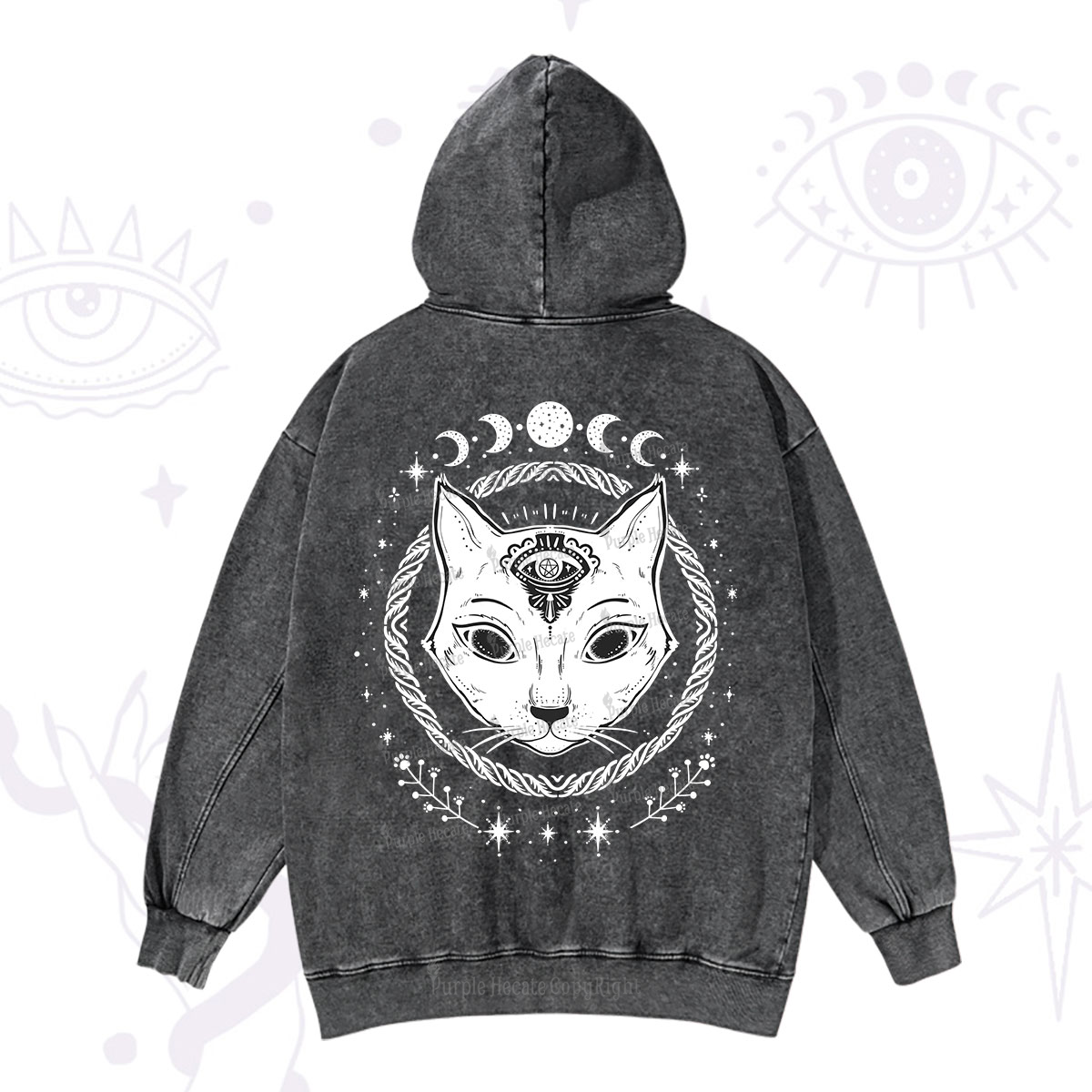Purplehecate Third Eye Black Cat Washed Hoodie