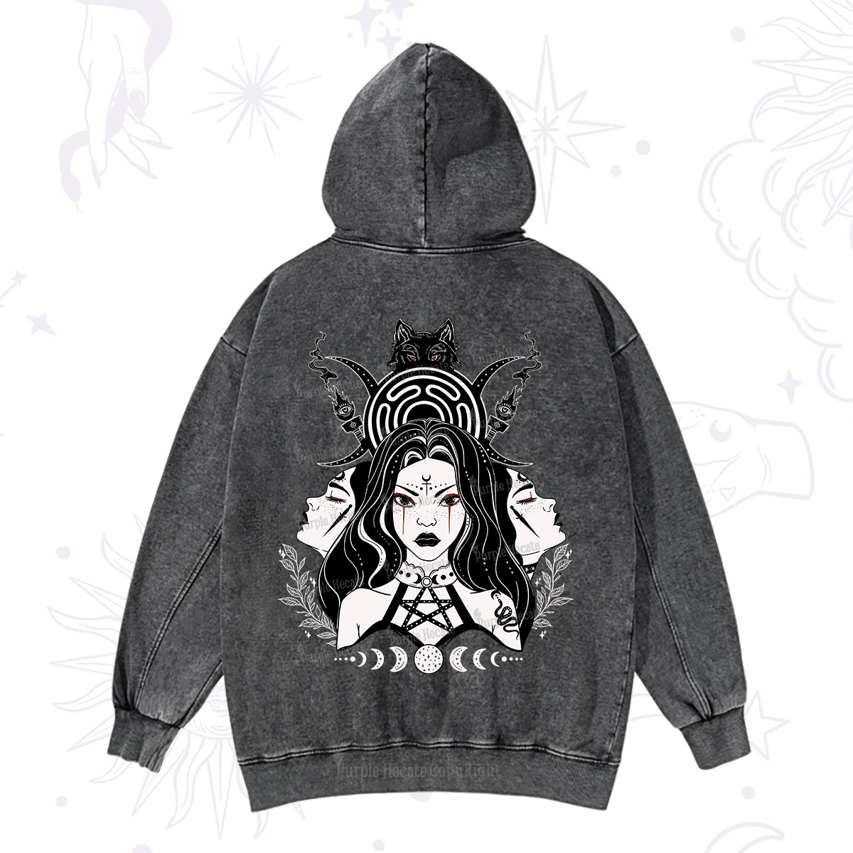 Purplehecate The Triple Moon Goddess Hecate Washed Hoodie