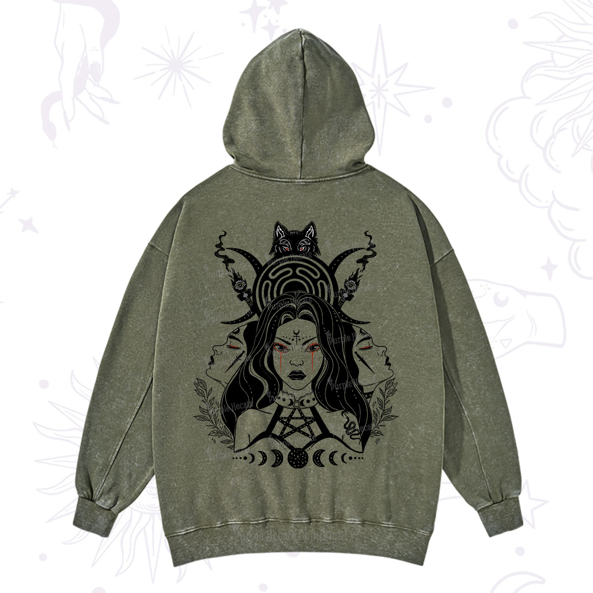 Purplehecate The Triple Moon Goddess Hecate Washed Hoodie