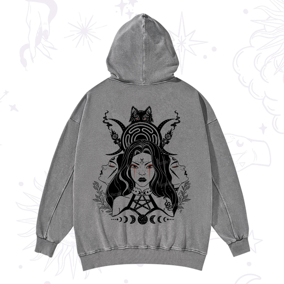 Purplehecate The Triple Moon Goddess Hecate Washed Hoodie