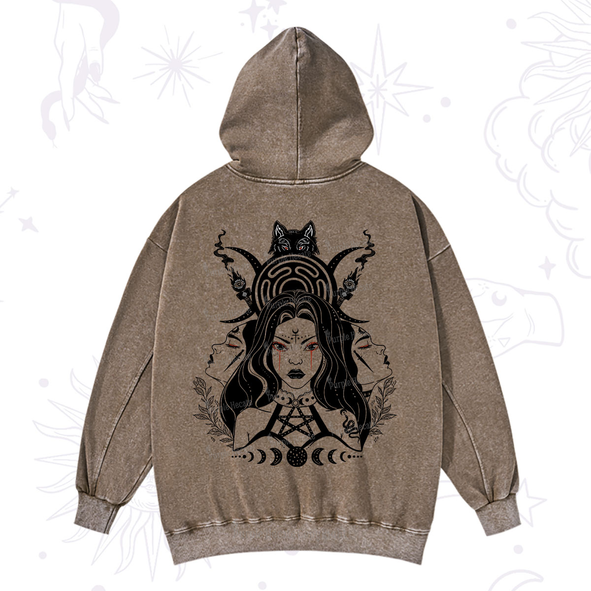 Purplehecate The Triple Moon Goddess Hecate Washed Hoodie