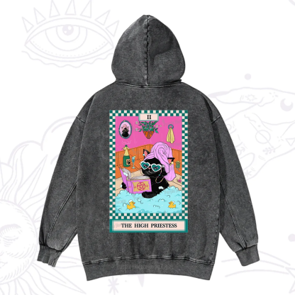Purplehecate The Cat High Priestess's Bubble Time Tarot Washed Hoodie