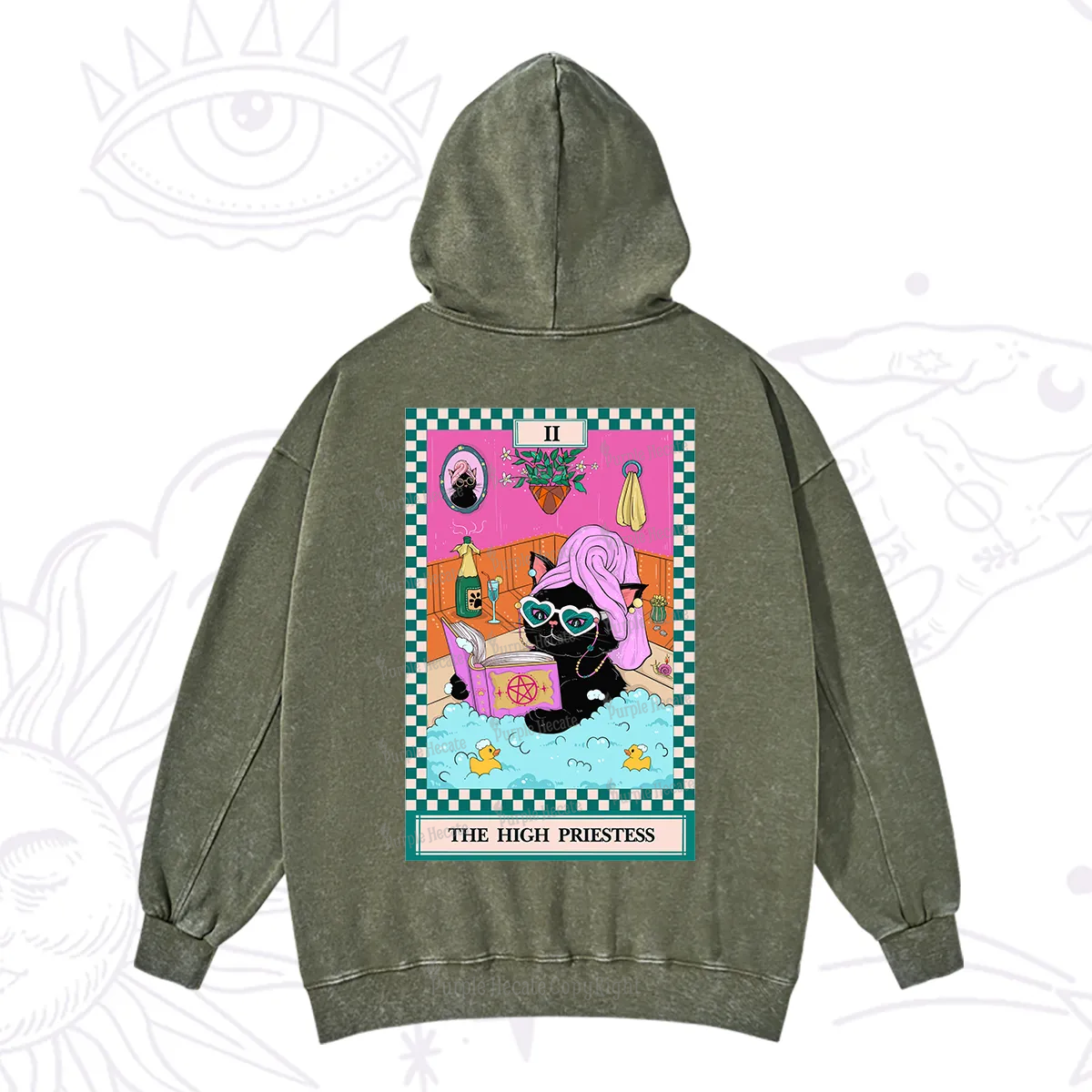 Purplehecate The Cat High Priestess's Bubble Time Tarot Washed Hoodie