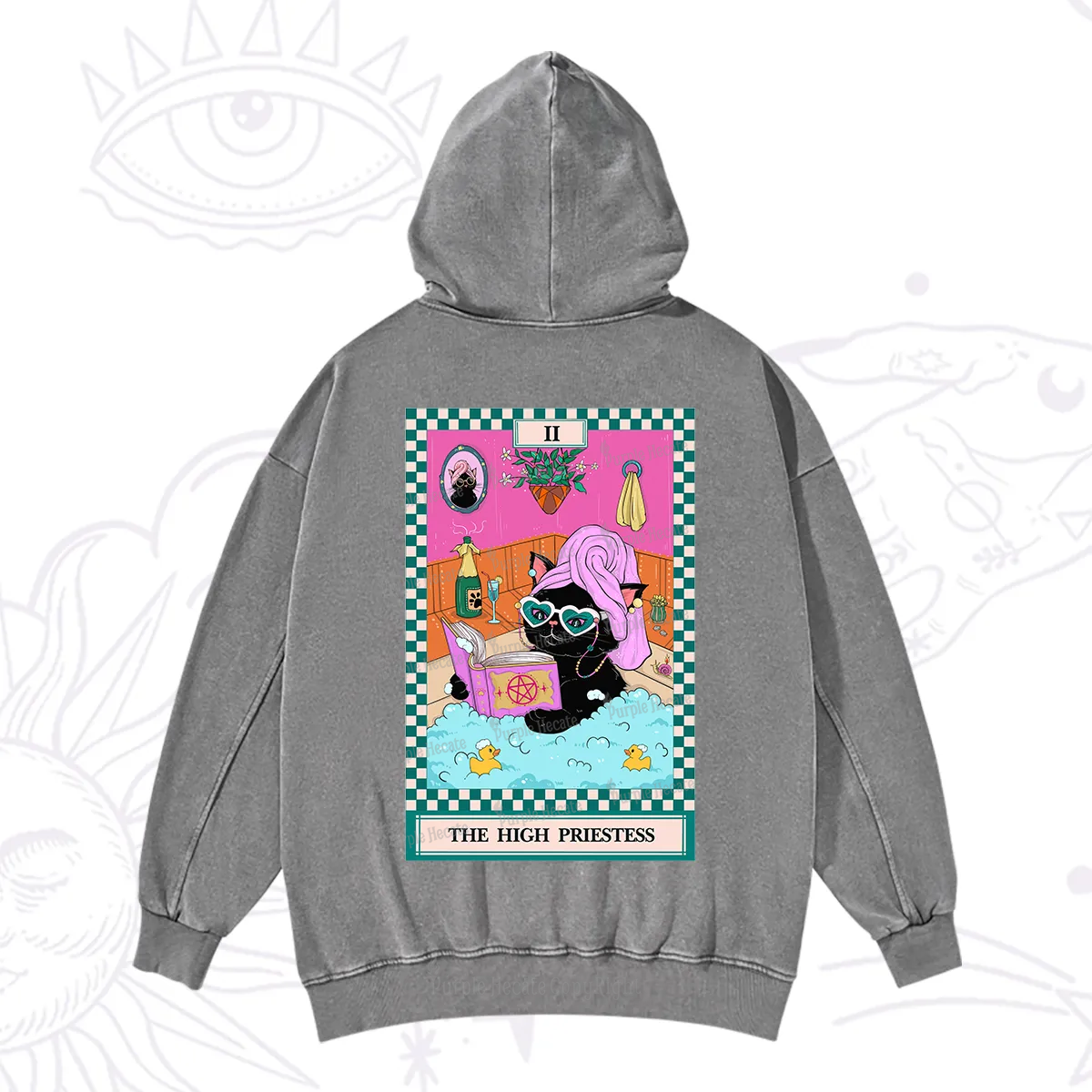 Purplehecate The Cat High Priestess's Bubble Time Tarot Washed Hoodie