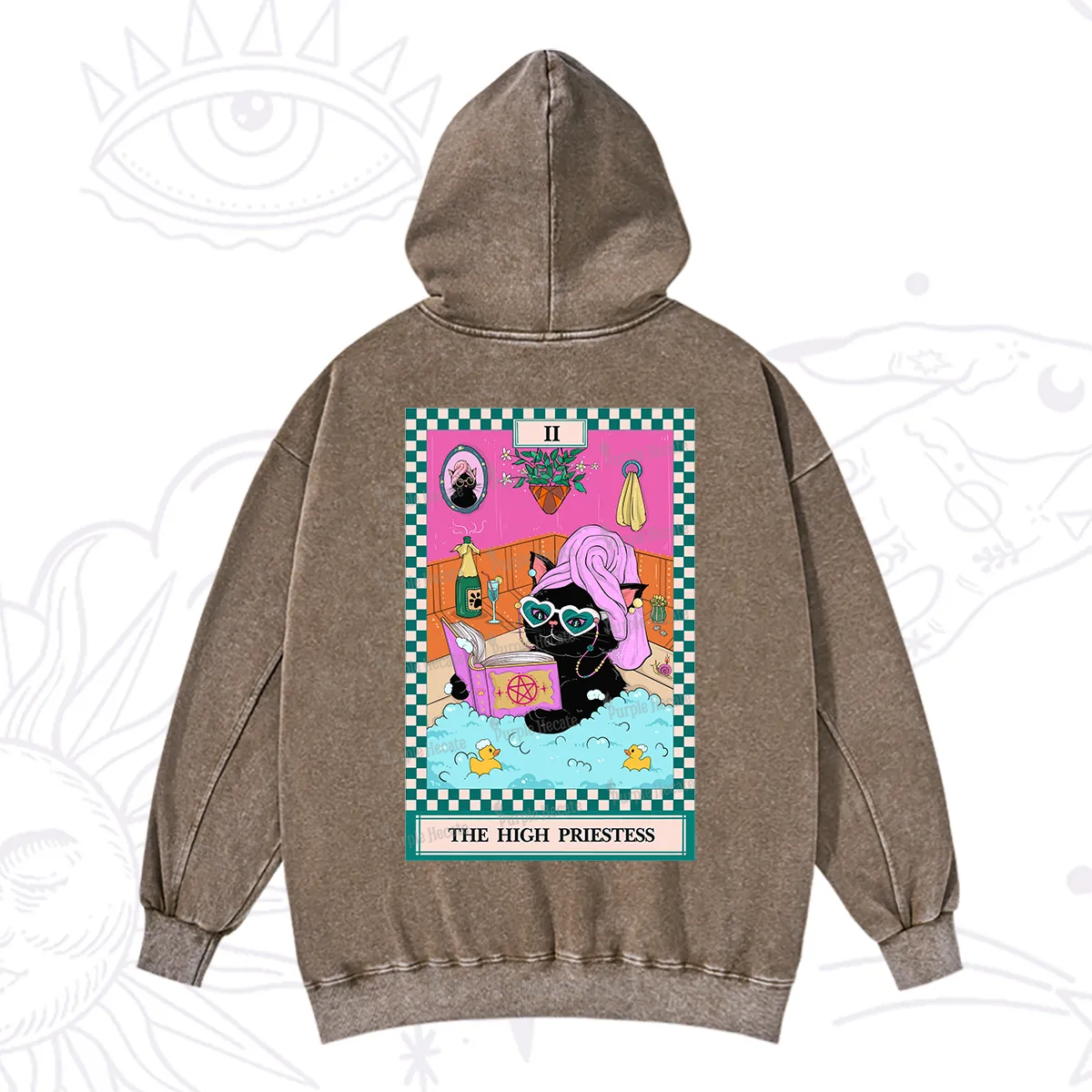 Purplehecate The Cat High Priestess's Bubble Time Tarot Washed Hoodie