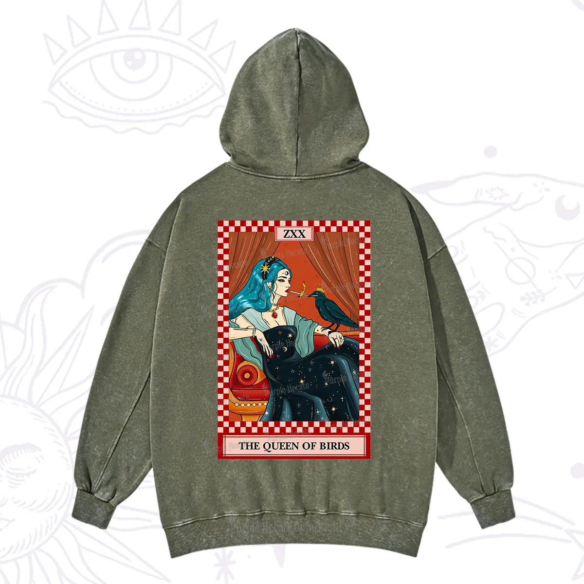 Purplehecate The Queen Of Birds Tarot  Washed Hoodie