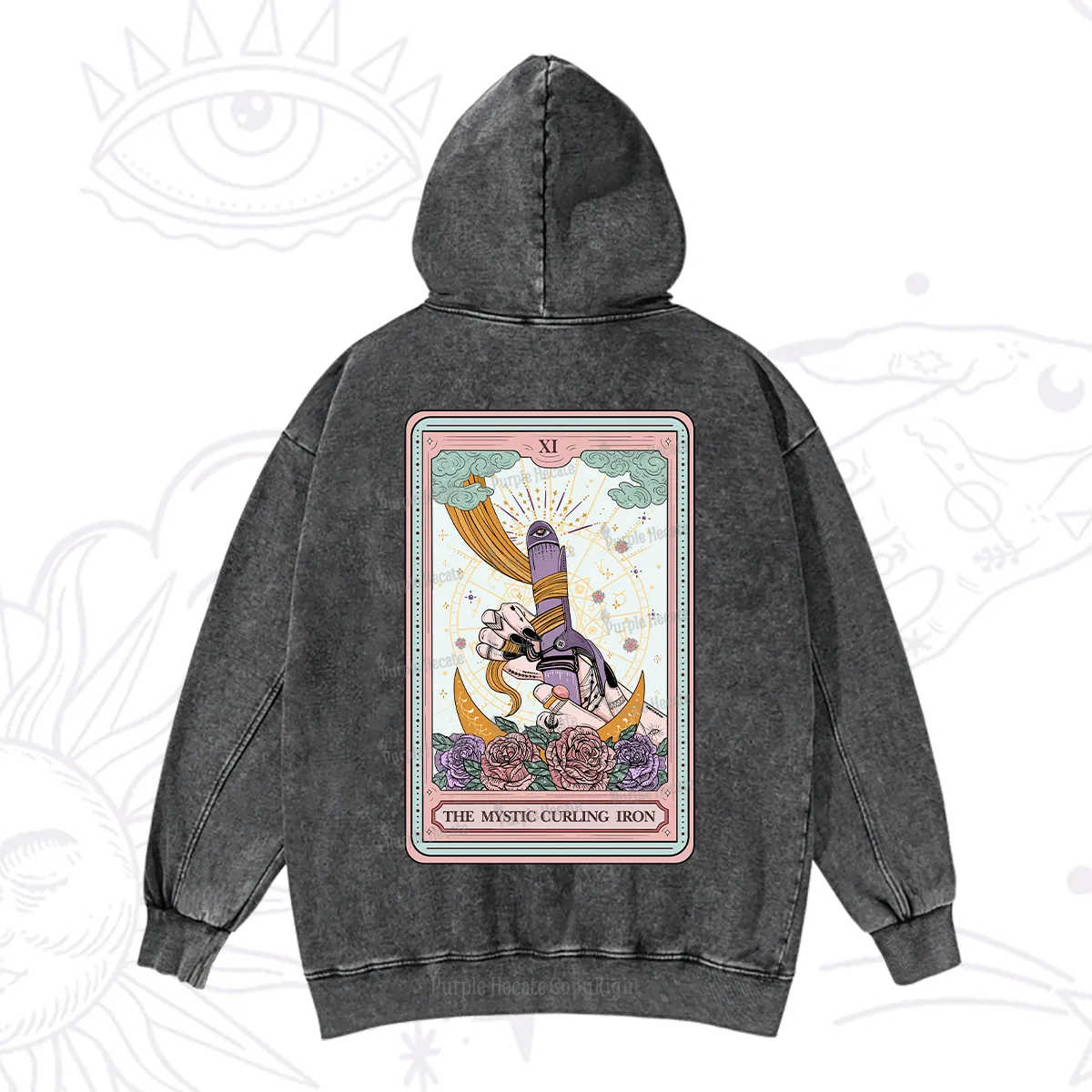 Purplehecate The Mystic Curling Iron Tarot Washed Hoodie