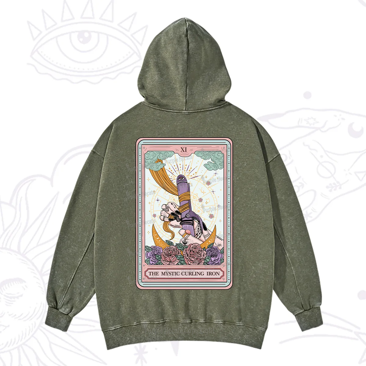 Purplehecate The Mystic Curling Iron Tarot Washed Hoodie