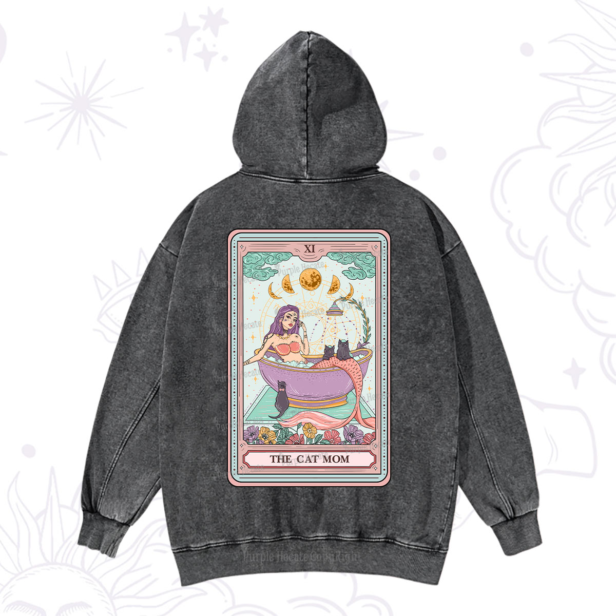 Purplehecate The Cat Mermaid Mom Tarot Card Washed Hoodie
