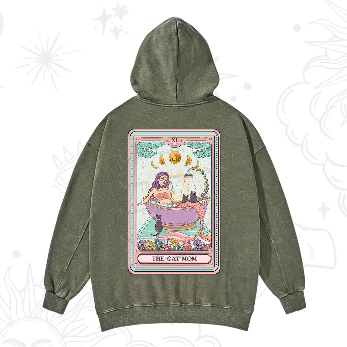Purplehecate The Cat Mermaid Mom Tarot Card Washed Hoodie