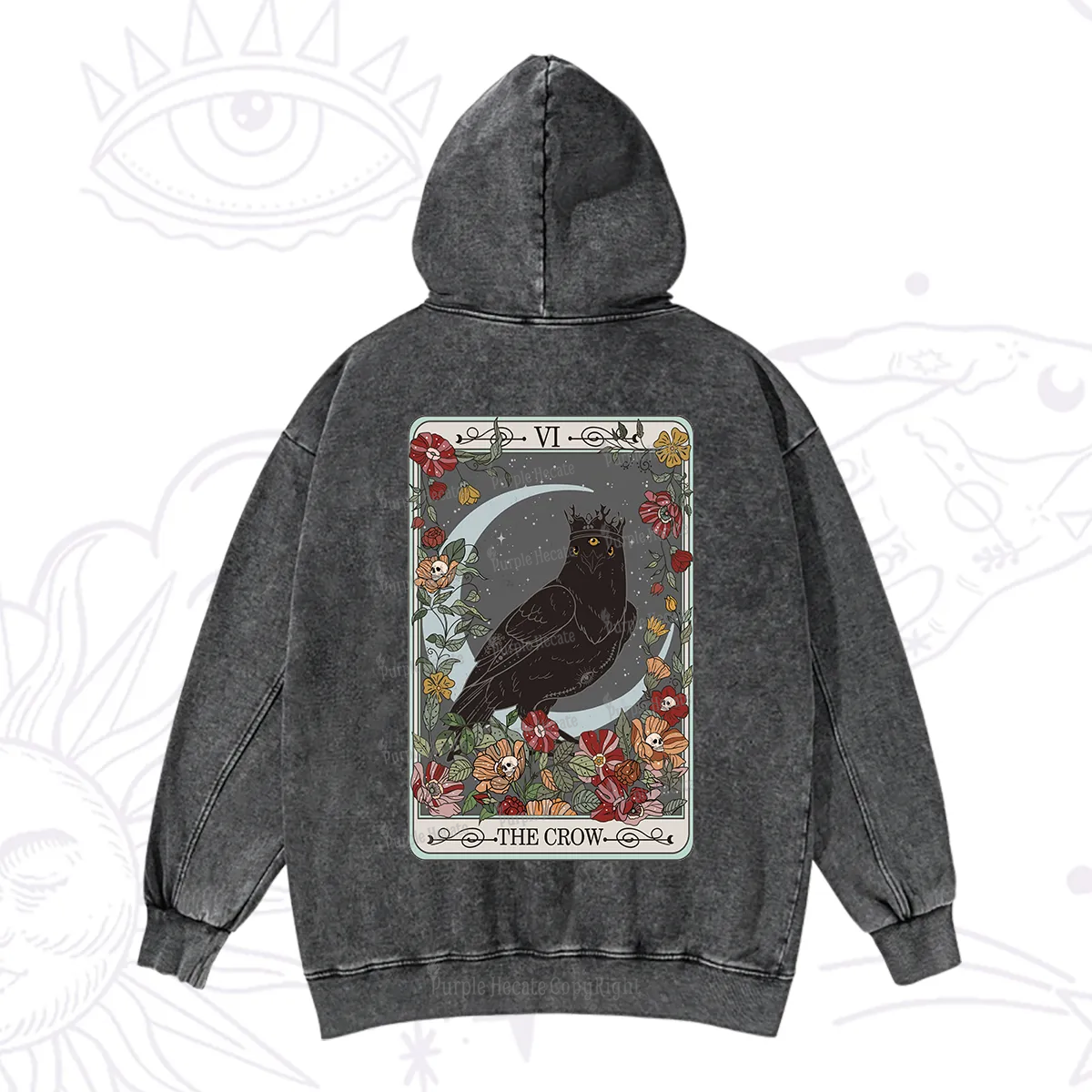 Purplehecate The Crow Tarot Card Washed Hoodie