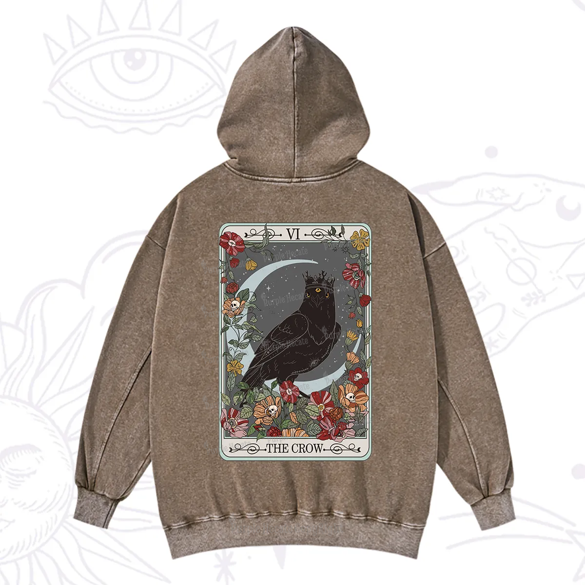 Purplehecate The Crow Tarot Card Washed Hoodie